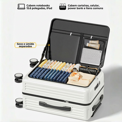 Mala ABS+PC com Abertura Lateral + USB/Type-C + Suporte Celular | Rodas 360°