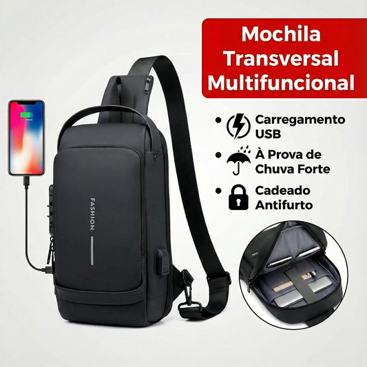Mochila Peitoral Masculina Antifurto com USB — Impermeável e com Fecho de Código (Sling Bag)